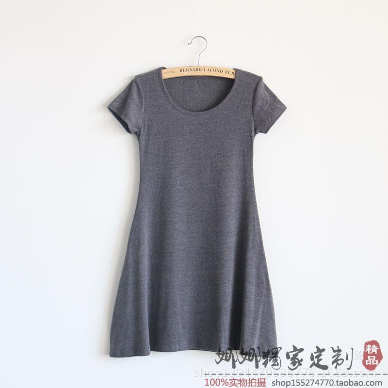Mùa xuân Hàn Quốc phiên bản của màu sắc mới mài bông ngắn tay đầm cổ tròn một từ đoạn văn ngắn hip túi đáy áo sơ mi váy chữ a công sở