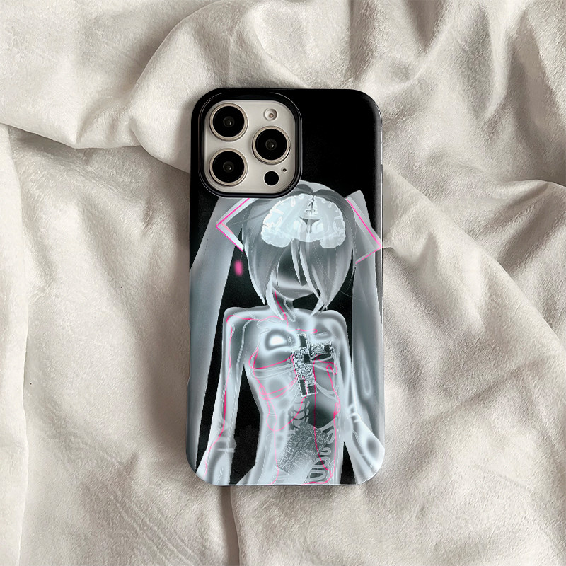 Dark Cyber Transparent Skeleton Hatsune Miku Phone Case, Film 2-in-1 Full Coverage, Compatible with Apple iPhone 17 Pro Max, Huawei, OPPO, Vivo, Xiaomi, OnePlus, and iPhone 16