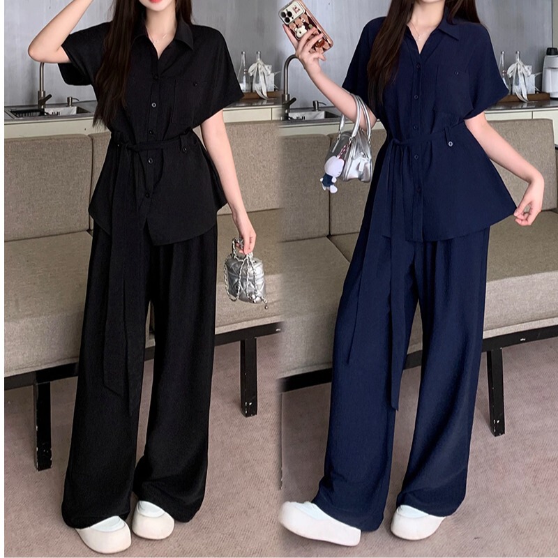 Han Tingl's New Summer Clothing for Plus-Size Women, Elegant and Stylish Tie-Waist Shirt Top and Wide-Leg Pants Set