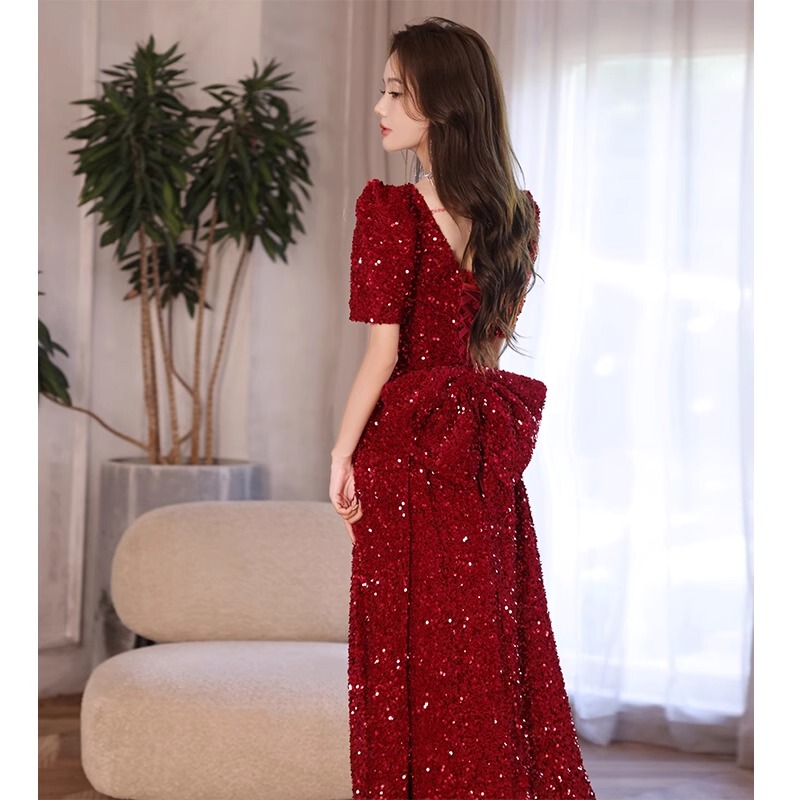 Burgundy Toast Dress 2026 New Style Engagement Bride Wedding Dress Host Sequin Performance Dress High-End Light Luxury Burgundy Toast Dress 2026 New Style Engagement Bride Wedding Dress Host Sequin Performance Dress High-End Light Luxury