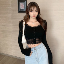 Lace stitching black base shirt Womens inner summer tight t-shirt sexy slim-fit short umbilical long-sleeved top