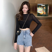 Black Ice Silk sunscreen blouse women Summer thin base shirt long sleeve T-shirt Slim short tight micro top