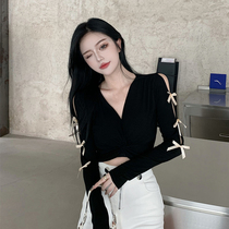Cross-deep v-neck long-sleeved t-shirt womens bow careful machine design sense of top short sexy slim-fit base shirt tide