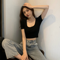 Black umbilical short-sleeved T-shirt womens summer sexy slim-fit leaky navel tight u-neck low-cut high-waist short top tide