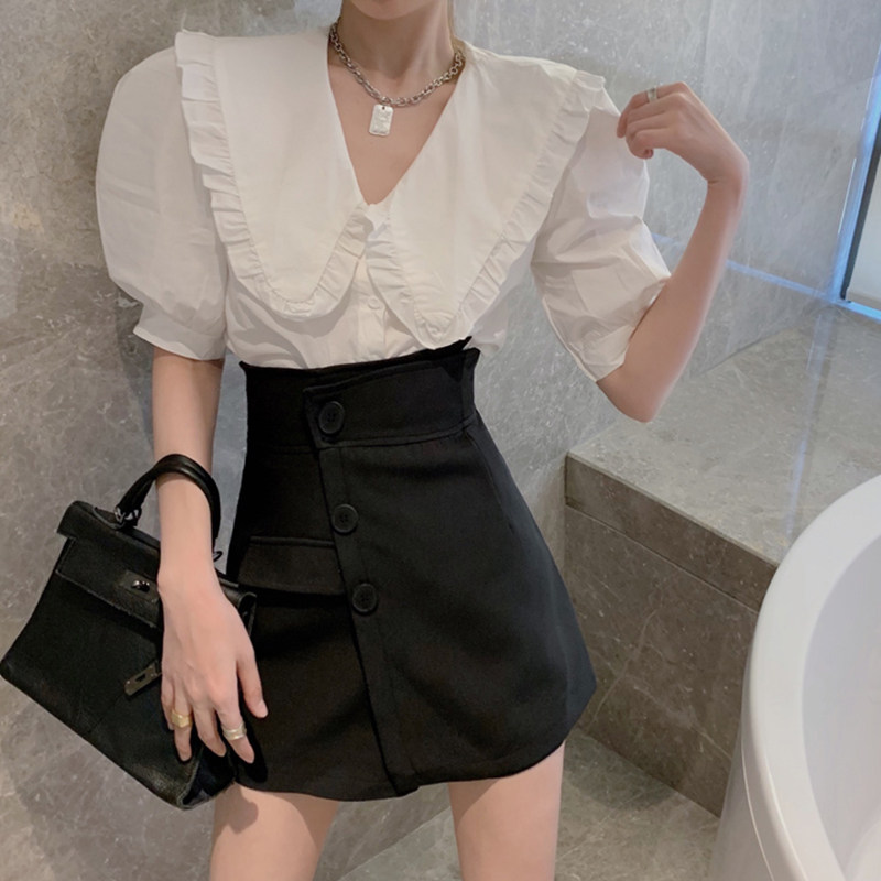 Black shorts Women's summer loose wide leg pants 2021 new ultra-high waist slacks a-line suit culottes tide