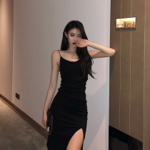 Black tight-fitting dress female summer sexy temperament slim body with bottom black skirt split long skirt