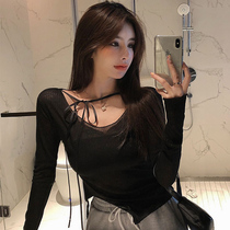 Low-collar black long-sleeved t-shirt womens summer sexy heart machine base shirt with u-neck top 2021 new
