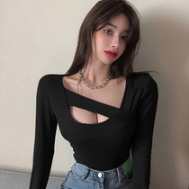 Black base shirt womens inner summer slim-fit heart long-sleeved T-shirt sexy tight open clavicle low-cut top tide