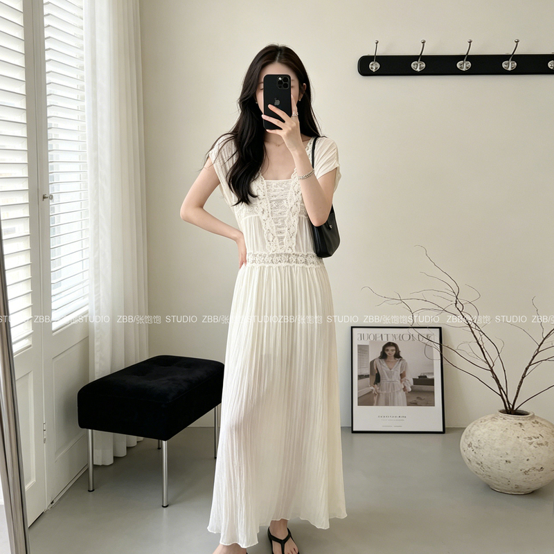 Par Jie Tencel Linen French V-Neck Lace Patchwork Dress for Women, Summer Gentle Vibe Long Dress Par Jie Tencel Linen French V-Neck Lace Patchwork Dress for Women, Summer Gentle Vibe Long Dress