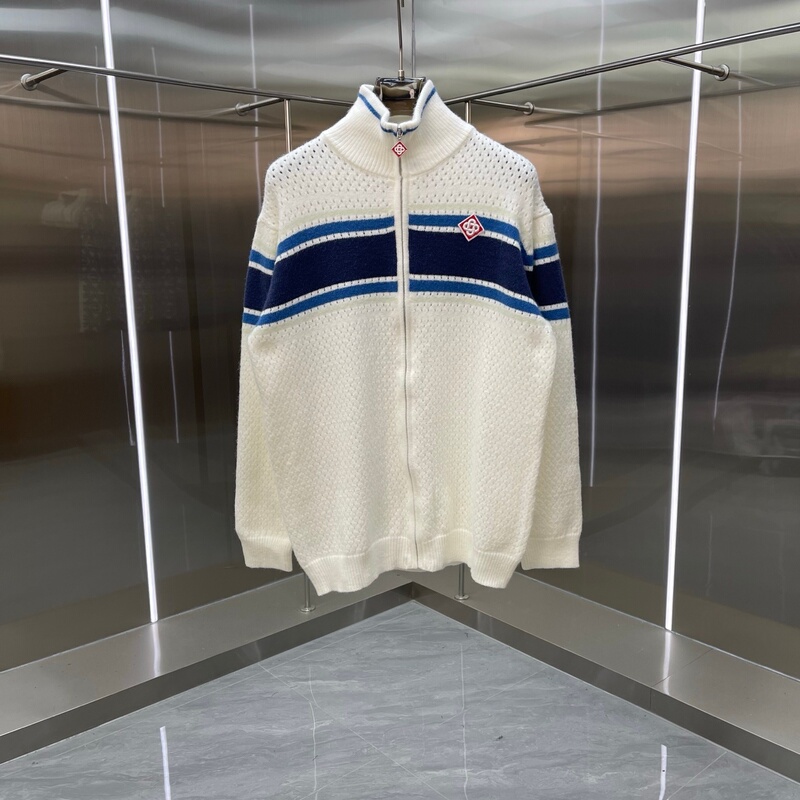 Autumn and Winter New Cross-Border Ca Men's Stand-Up Collar Zipper Striped Knit Sweater Jacket White Casual Coat Autumn and Winter New Cross-Border Ca Men's Stand-Up Collar Zipper Striped Knit Sweater Jacket White Casual Coat