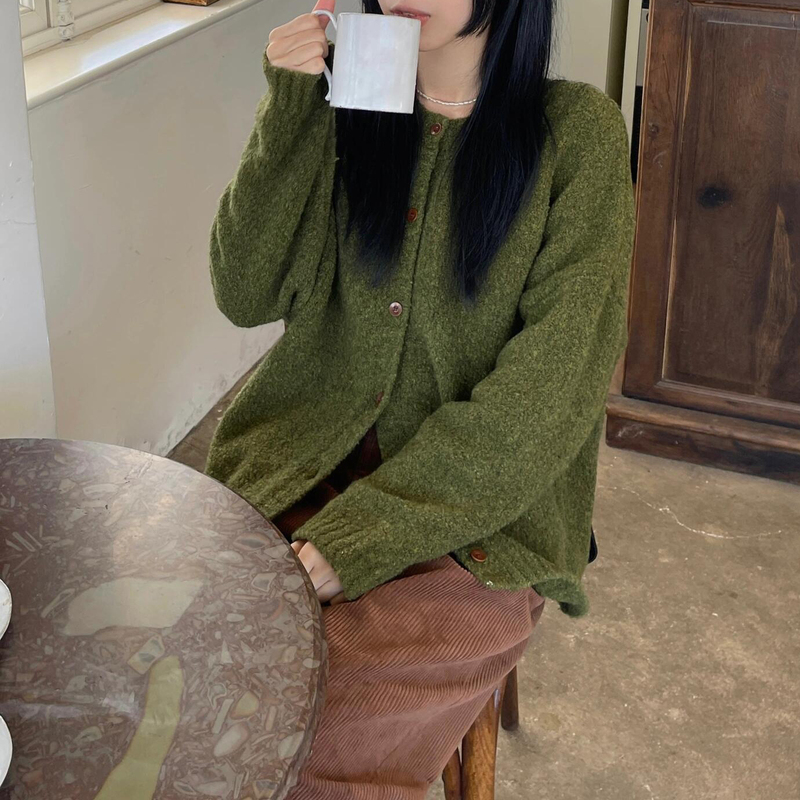 Retro Green Knitted Cardigan Jacket for Women in Autumn and Winter, Thick, Lazy, High-End, Soft and Waxy Sweater, Loose Korean Style Top