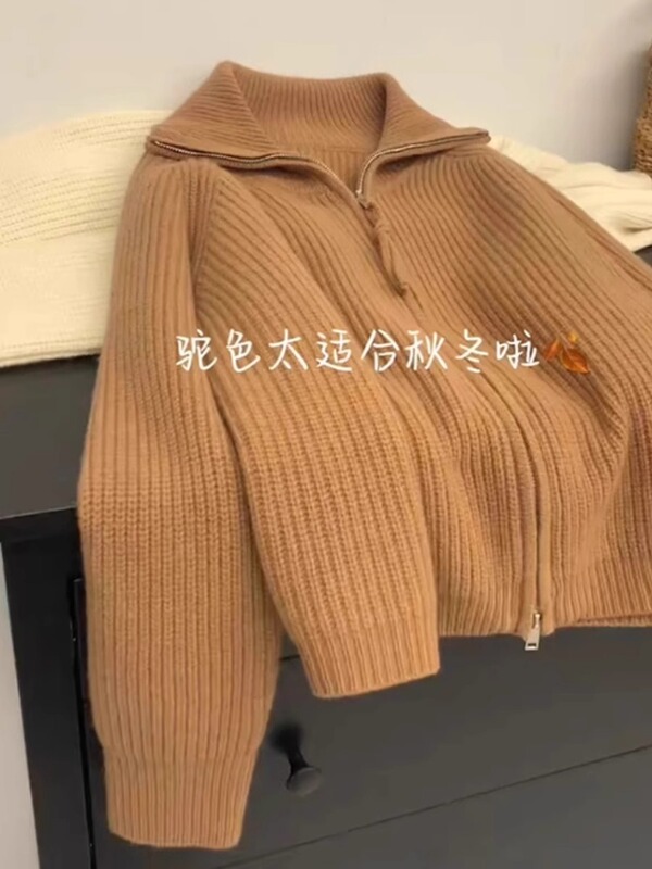 Pumpkin Orange Raccoon Fur Double Zipper Lapel Sweater Jacket for Women, Thickened for Autumn and Winter, Outerwear Knit Cardigan