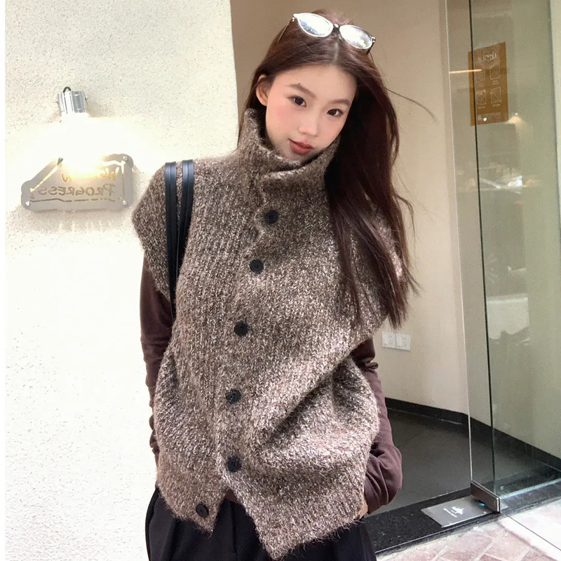 High-Neck Blended Knitwear, New Autumn and Winter Style, Lapel Sweater Vest, Long-Sleeved Base Shirt, Layered Top, Two-Piece Set