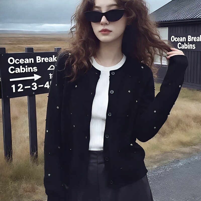 Korean-Style Black Rhinestone Knitted Cardigan for Women, Early Autumn Outfit, High-End and Elegant Sweater Jacket, Paired with a Short Top Korean-Style Black Rhinestone Knitted Cardigan for Women, Early Autumn Outfit, High-End and Elegant Sweater Jacket, Paired with a Short Top