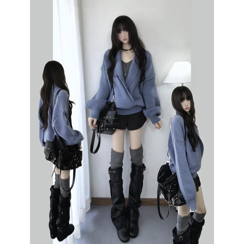 Lazy Retro Blue Sweater for Women, Autumn and Winter 2026 New Popular Base Knit Top, Korean Style Outfit Set