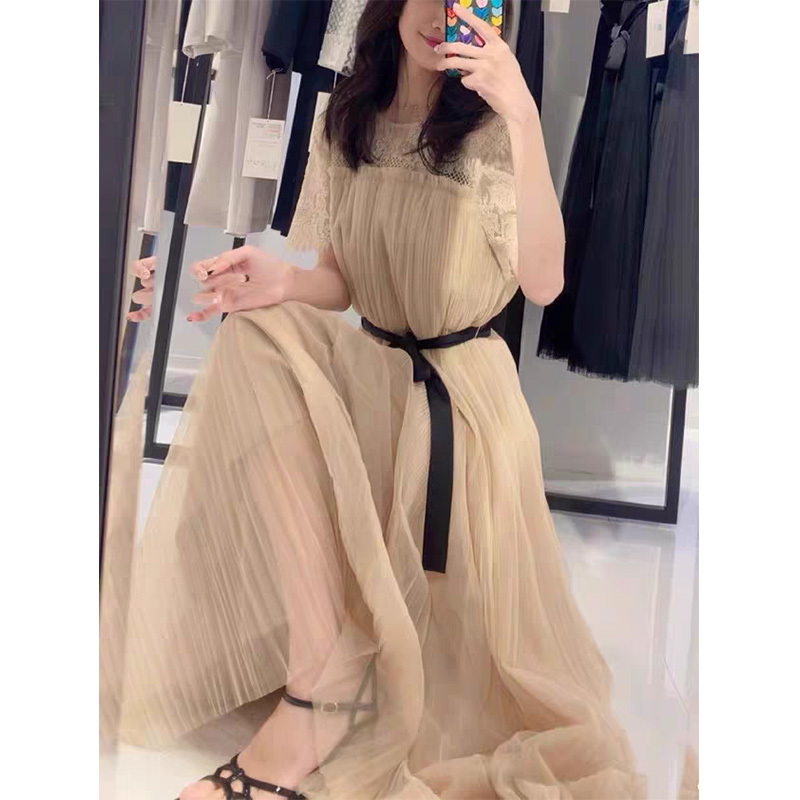 Little Puff Japanese Style Spring and Summer New Women's Fashion Sweet Layered Waist-Tie Lace Mesh Long Dress Little Puff Japanese Style Spring and Summer New Women's Fashion Sweet Layered Waist-Tie Lace Mesh Long Dress