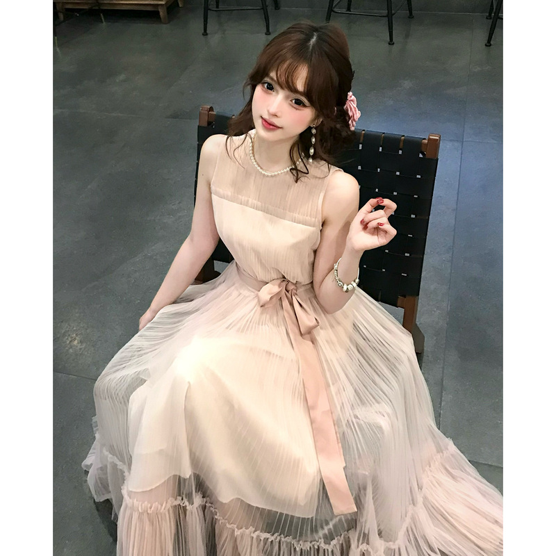 Small Puff Japanese Style Spring and Summer New Women's Fashion Elegant Layered Ruched Waist Sleeveless Sheer Long Dress