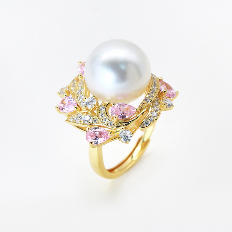 Igem Brand Accessories S925 Silver Pink Feather Moonlight Pearl Ring Setting for Women, Elegant and Stylish DIY Jewelry