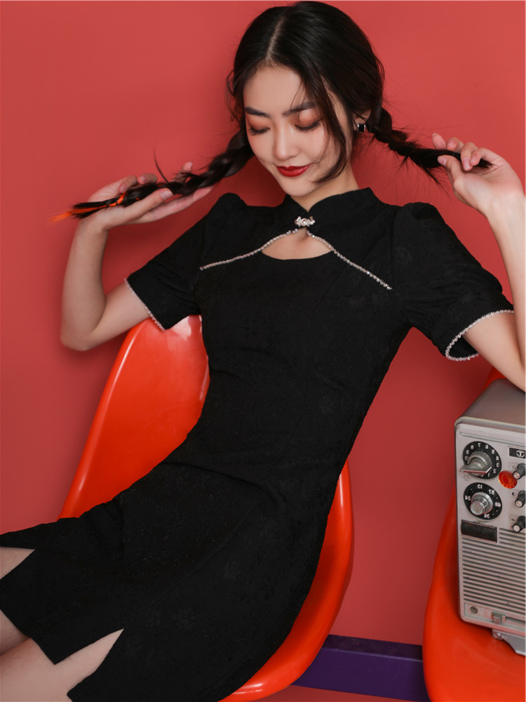 Guochao Qipao Women China Wind Black Improved Version Foreign Dress Young Girl Fashion Little Subtemperament To Be Slim