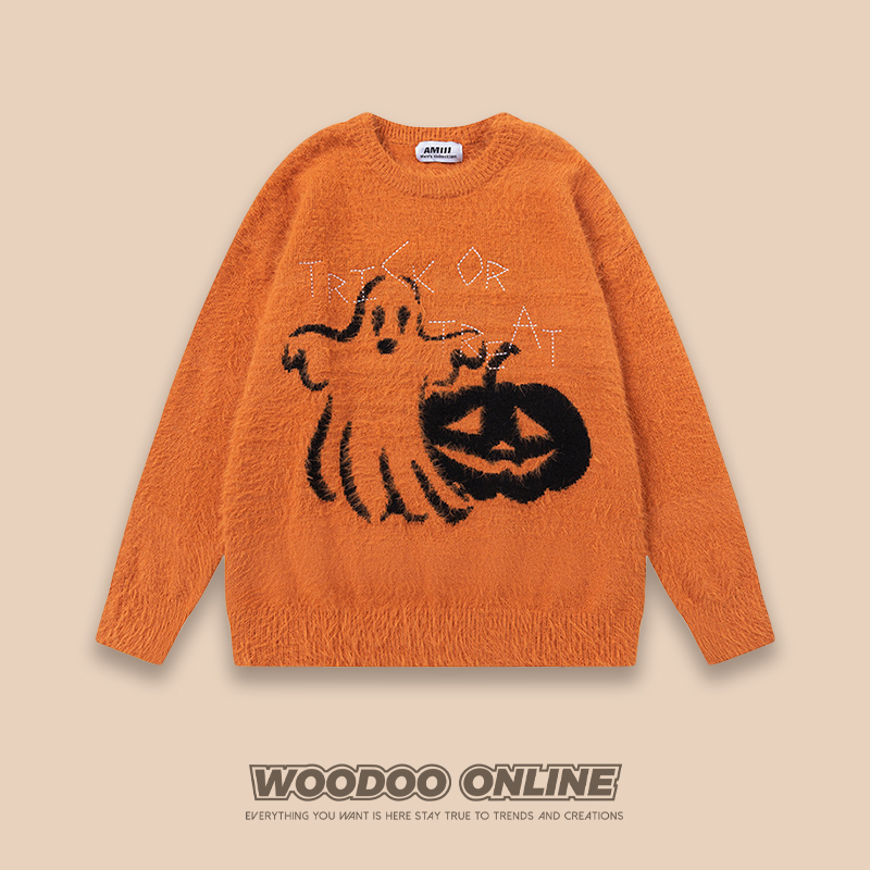 Pumpkin Ghost Woodoo Designer Brand Retro Personalized Halloween Graffiti Unisex Knitted Sweater