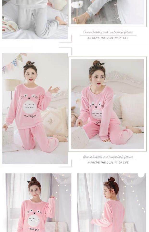 Bộ đồ ngủ nữ mùa đông dày mùa thu Flannel dài tay Hoạt hình Hàn Quốc Lông cừu Coral Xám Leopard Dịch vụ nhà ấm áp những kiểu đồ bộ thun may