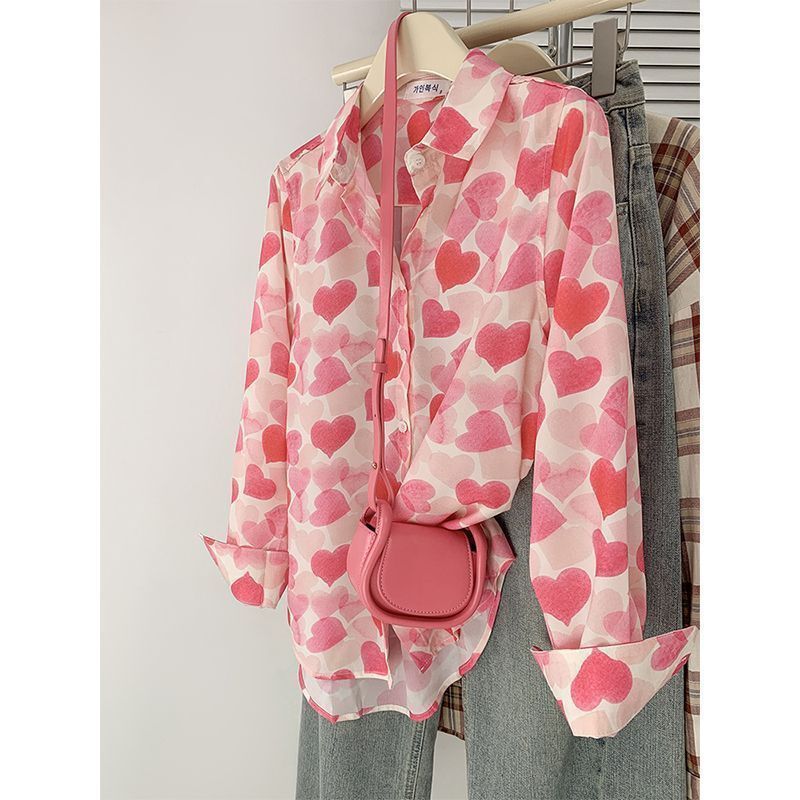 Pink Heart-Patterned Women's Shirt 2026 New Long-Sleeve Chiffon Top Sun-Protective Shirt Thin Luxury High-End Feel Pink Heart-Patterned Women's Shirt 2026 New Long-Sleeve Chiffon Top Sun-Protective Shirt Thin Luxury High-End Feel