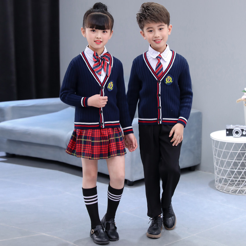 School uniforms for children in school uniforms Inn-style boys and boys pure cotton open brow jacket sweater suit Spring and autumn kindergarten garden clothes