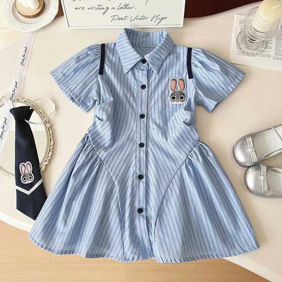 女童学院夏装POLO连衣裙儿童2024夏季新款条纹衬衫裙子宝宝公主裙