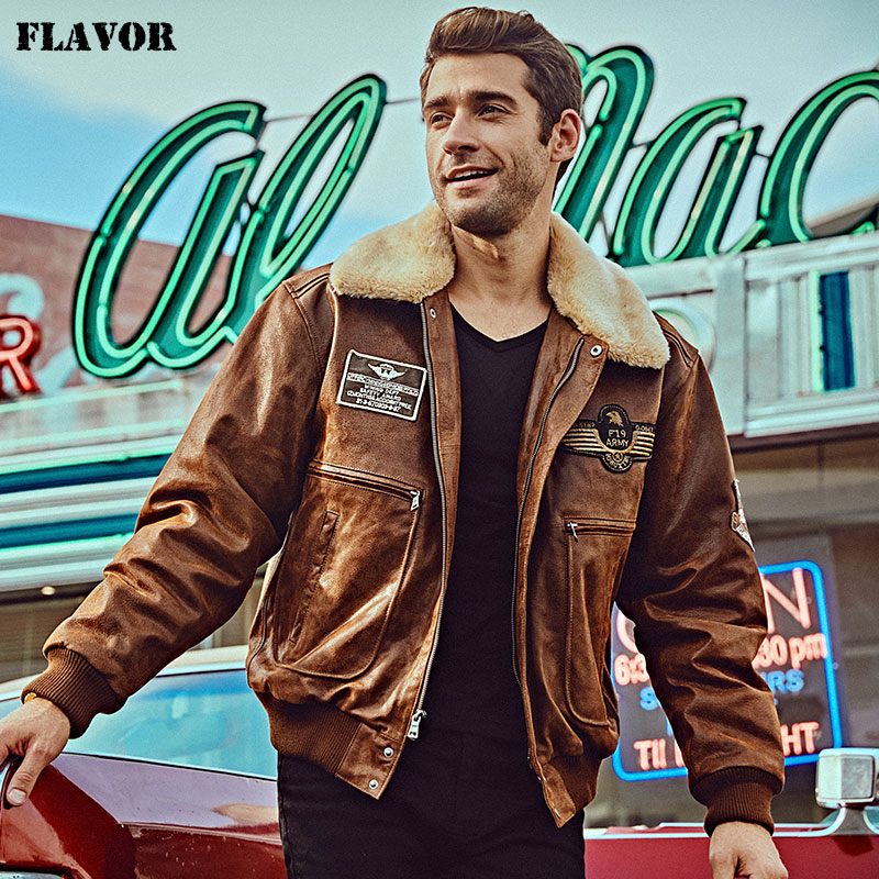 New autumn and winter real fur coat men American - style cuff coat coat cap A2 pilot's leather jacket short