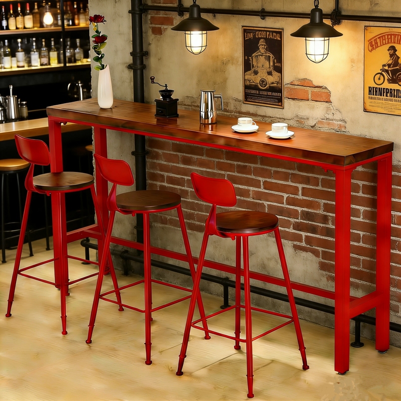 Cafe Long Dining Table and Chairs, Stools, Leisure Milk Tea Shop, Wrought Iron, Solid Wood, Bar Counter, High-Legged Backrest Table and Chair Stool Set