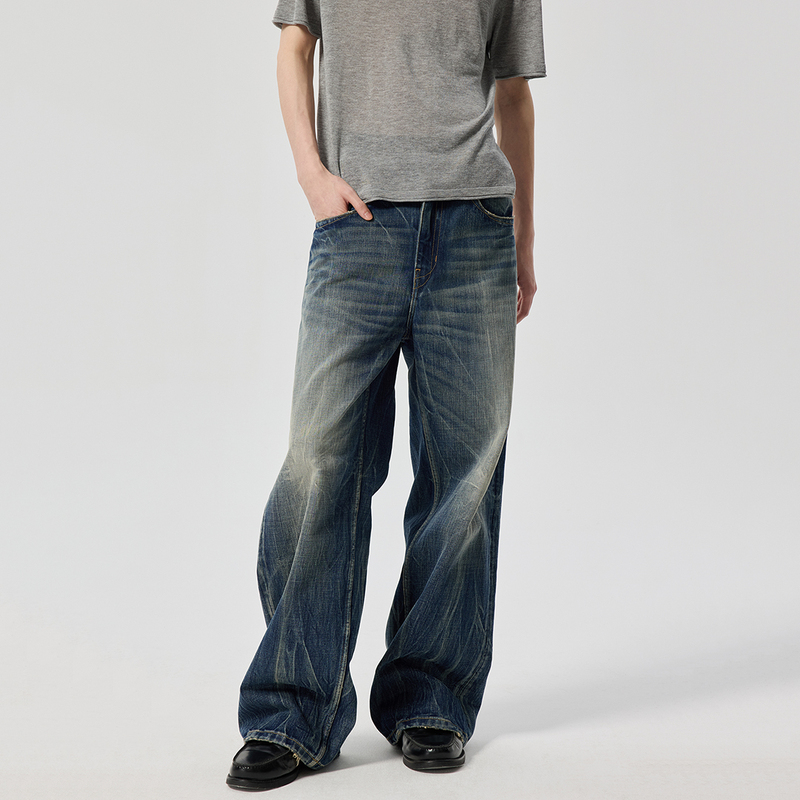 Simple Project*Lightning Wash Jeans Lightning Pattern Whiskered Washed Jeans Simple Project*Lightning Wash Jeans Lightning Pattern Whiskered Washed Jeans