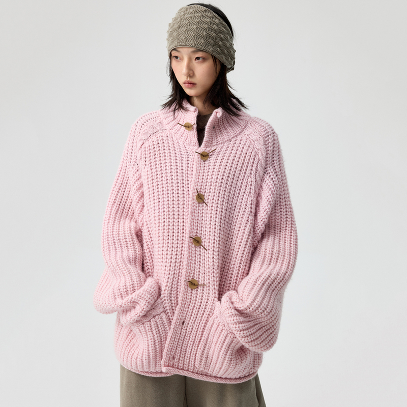 Simpleproject*High-Neck Cardigan Knotted Leather Buckle Chunky Knit Wool Turtleneck Sweater Jacket