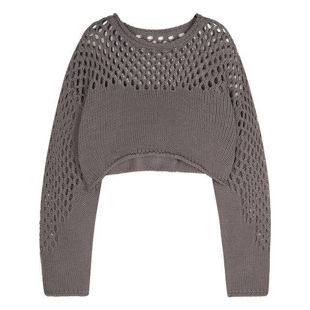 SimpleProject crew neck rolled edge eyelet design short knitted sweater blouse top