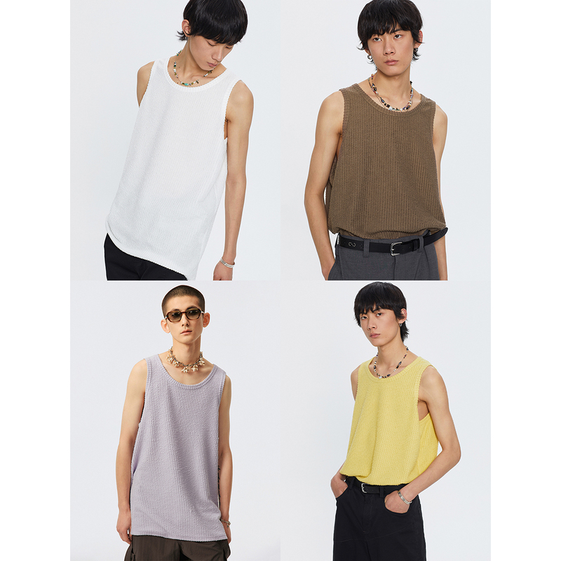 Simple Project Snake-Patterned Textured Blended Basic Tank Sleeveless Vest Solid Color