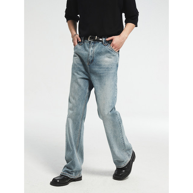 SimpleProject distressed ລ້າງ jeans ສີຟ້າພາກຮຽນ spring ແລະ summer ກາງເກງ retro micro-flares versatile trousers ສໍາລັບຜູ້ຊາຍ