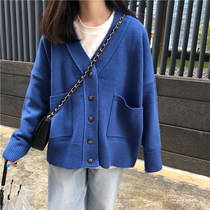 Sweater Western style autumn and winter 2021 New Blue Korean version loose lazy wind knitted cardigan womens coat top