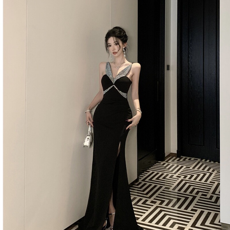 Banquet Evening Dress with Heavy Embellishments, High-End Luxury, Hepburn Style, Elegant, Sexy, Backless, Slit, Spaghetti Strap Dress for Women