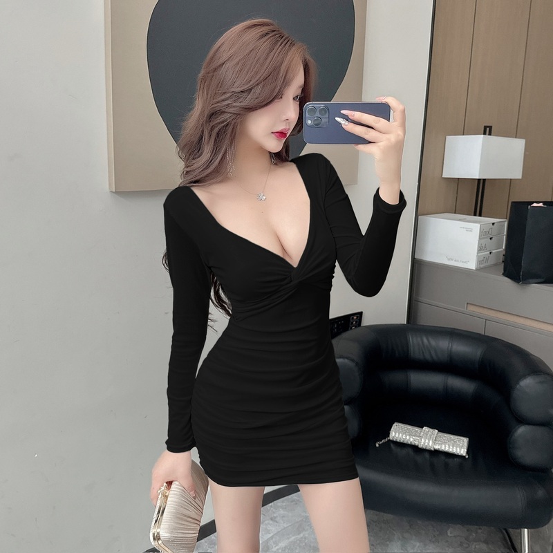 Nightclub Women's Clothing Low-Cut Deep V-Neck Waist-Slimming Bodycon Nightclub Work Uniform Sexy Long-Sleeved Dress Nightclub Women's Clothing Low-Cut Deep V-Neck Waist-Slimming Bodycon Nightclub Work Uniform Sexy Long-Sleeved Dress