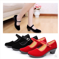 Republic of China students wear square mouth womens shoes old Beijing cloth shoes black middle and hotel waiter performance shallow shoes buckle strap