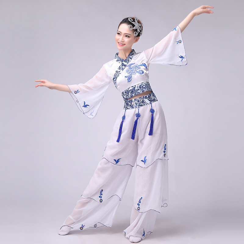 2016 new Qinghua Porcelain Classical Folk Dance to Serve Rice Seedlings song Costume Fan Dance Costumes Fan Dance Performance women