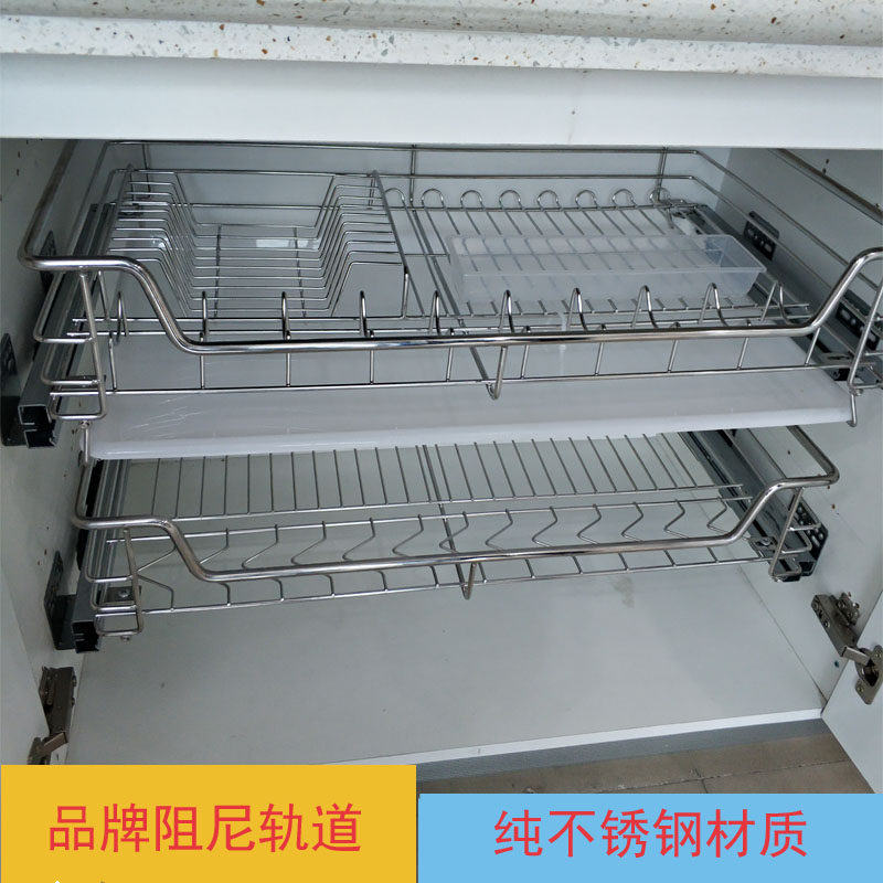 Pull the basket bowl kitchen cabinet built in buffer drawer type pure stainless steel mesh dish flavor basket double layer