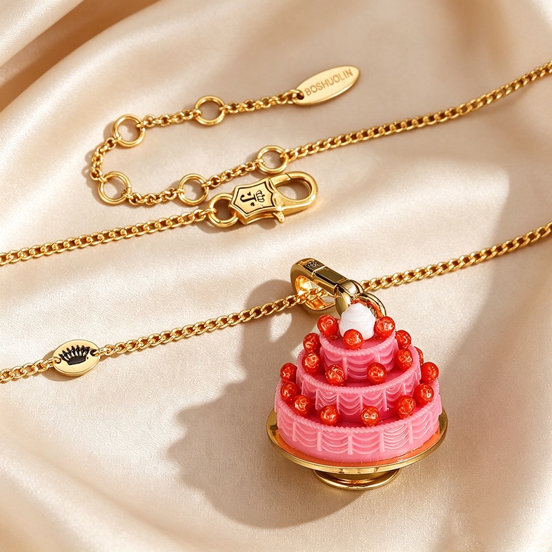 High-End Enamel Glaze Three-Dimensional Three-Layer Pink Cake Pendant Necklace Sweet Cherry Sweater Chain Gift Accessory