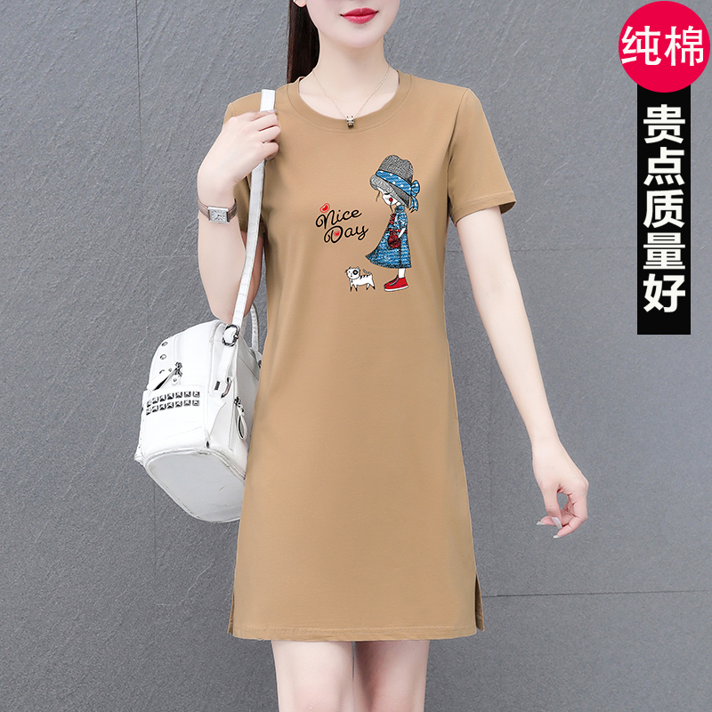 High-End Pure Cotton Mid-Length T-Shirt Dress for Women 2025 Summer New Nightgown Loose Slimming Look Middle-Aged Mother's Wear