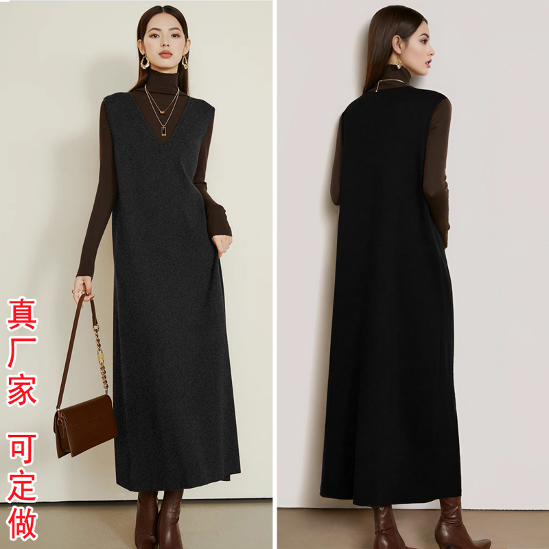 2026 New Black V-Neck Sleeveless Dress for Women, Minimalist Style, Long Dress for Tall People, Layered Look, Slimming Tank Dress