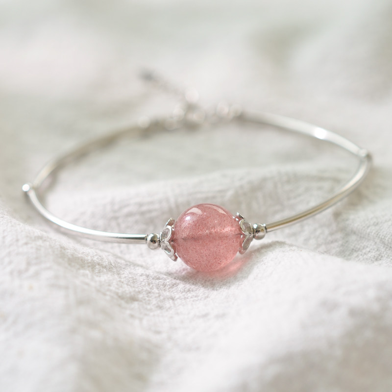 Strawberry crystal bracelet female sterling silver trick peach flower transfer beads natural crystal simple pink crystal Small fresh Wang marriage net red