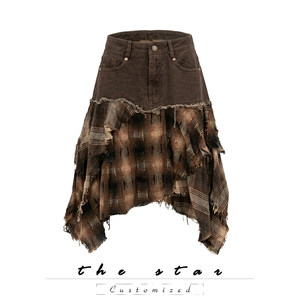 Thestar Western Style Plaid Patchwork Denim Asymmetrical Skirt with a Wasteland-Inspired Design, Mid-Length Skirt