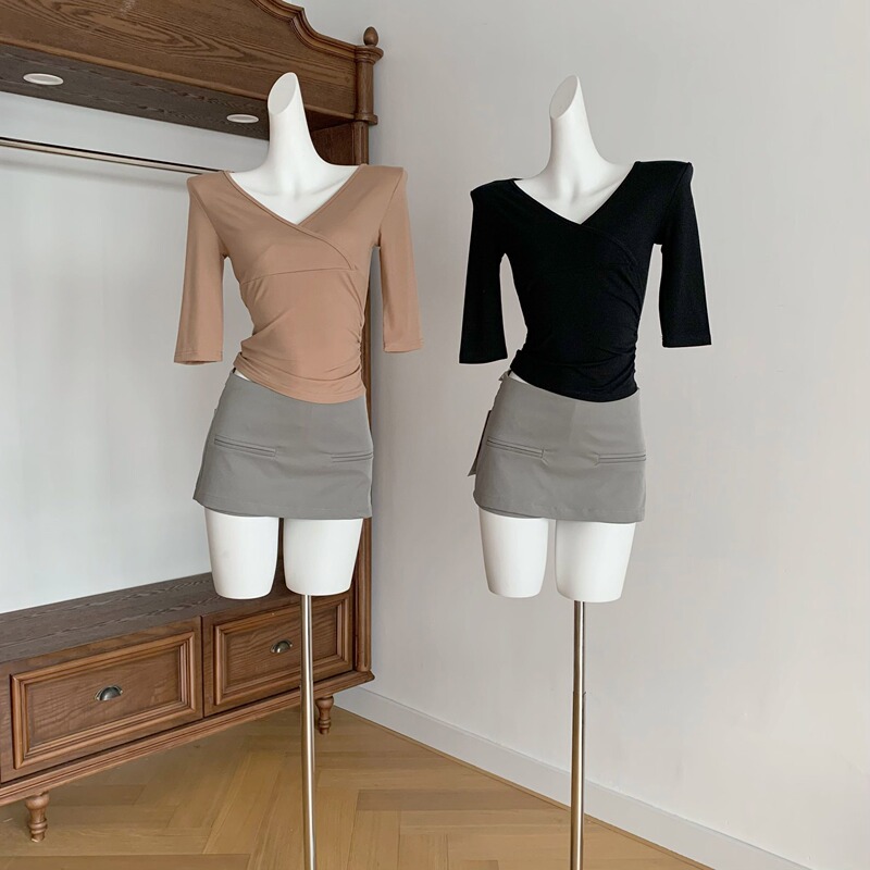 Arouree Lyocell Wool Cross V-Neck Regular Shoulder Mid-Sleeve T-Shirt Summer New Style Elegant Slim Fit Waist-Cinching Top