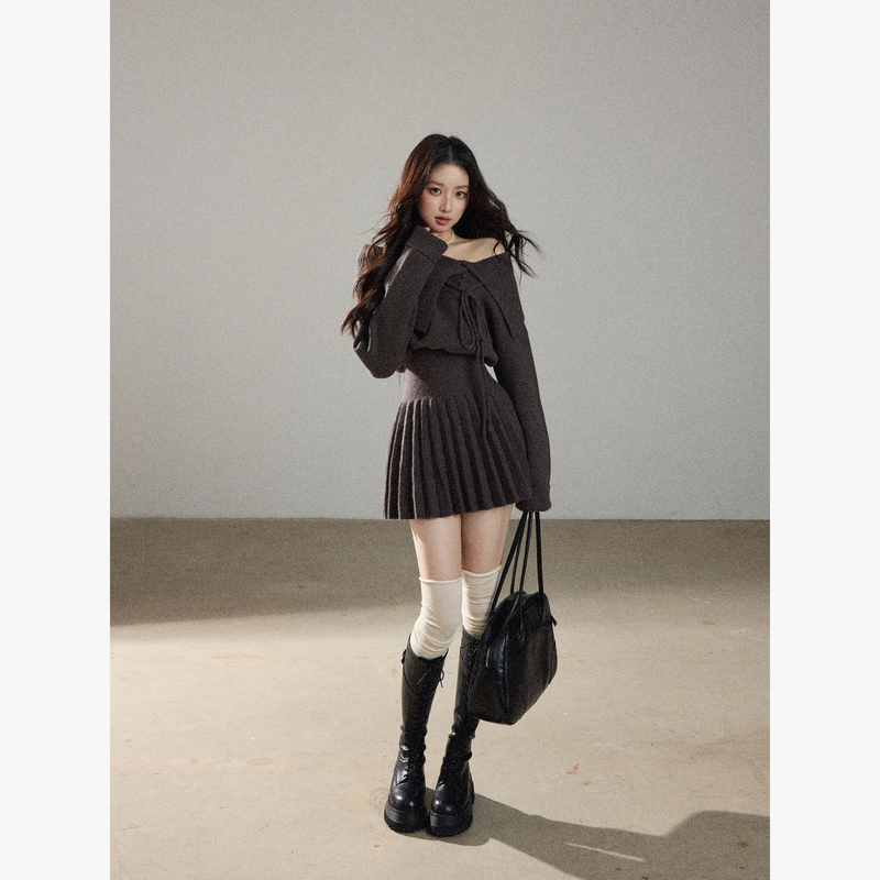 Muuros Berlin Poetry French Pleated Skirt Knitted Skirt Asymmetrical Shoulder Waist-Cinching Dress Short Skirt Women's Autumn and Winter