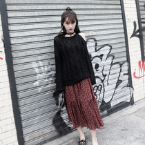 MUCHA original design black loose open-shoulder hollowed-out sweater external wearing needle cardiovert blouse woman long sleeve