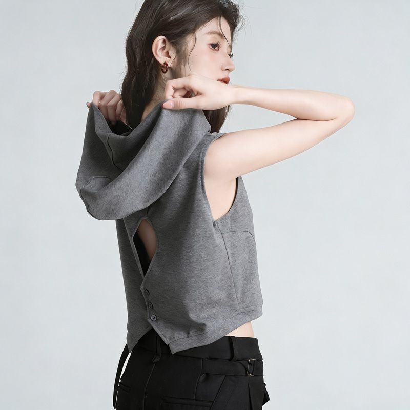 Designed Backless Hooded Vest for Women, New Summer Style Gray Sweatshirt Vest, Hot Girl Short Sleeveless Top Designed Backless Hooded Vest for Women, New Summer Style Gray Sweatshirt Vest, Hot Girl Short Sleeveless Top